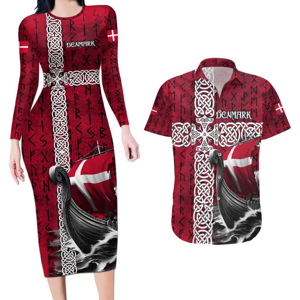 Denmark Viking Longship Couples Matching Long Sleeve Bodycon Dress and Hawaiian Shirt Norse Rune & Celtic Cross Danish Flag