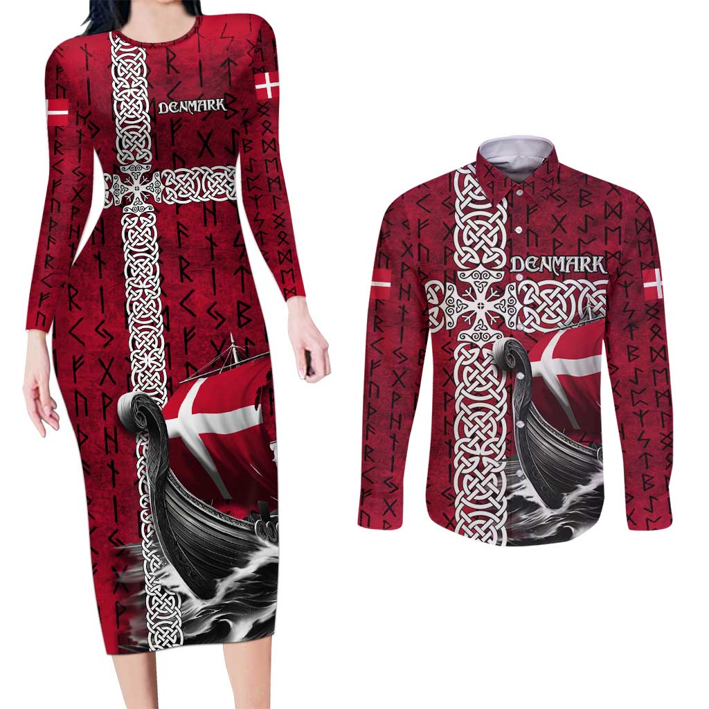 Denmark Viking Longship Couples Matching Long Sleeve Bodycon Dress and Long Sleeve Button Shirt Norse Rune & Celtic Cross Danish Flag