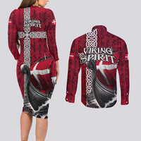 Denmark Viking Longship Couples Matching Long Sleeve Bodycon Dress and Long Sleeve Button Shirt Norse Rune & Celtic Cross Danish Flag