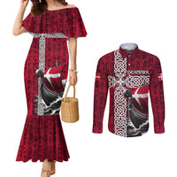 Denmark Viking Longship Couples Matching Mermaid Dress and Long Sleeve Button Shirt Norse Rune & Celtic Cross Danish Flag