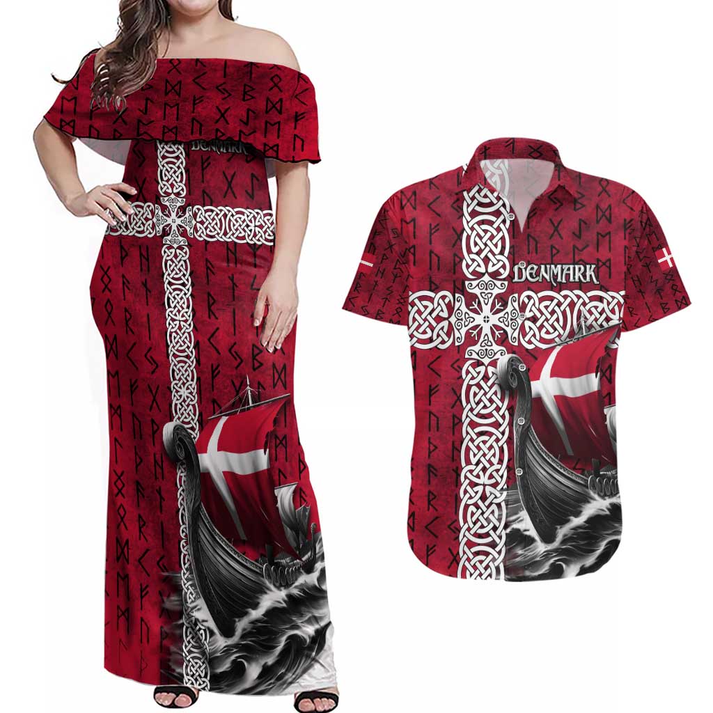 Denmark Viking Longship Couples Matching Off Shoulder Maxi Dress and Hawaiian Shirt Norse Rune & Celtic Cross Danish Flag