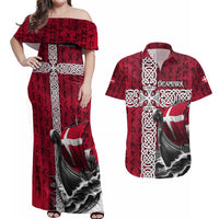 Denmark Viking Longship Couples Matching Off Shoulder Maxi Dress and Hawaiian Shirt Norse Rune & Celtic Cross Danish Flag