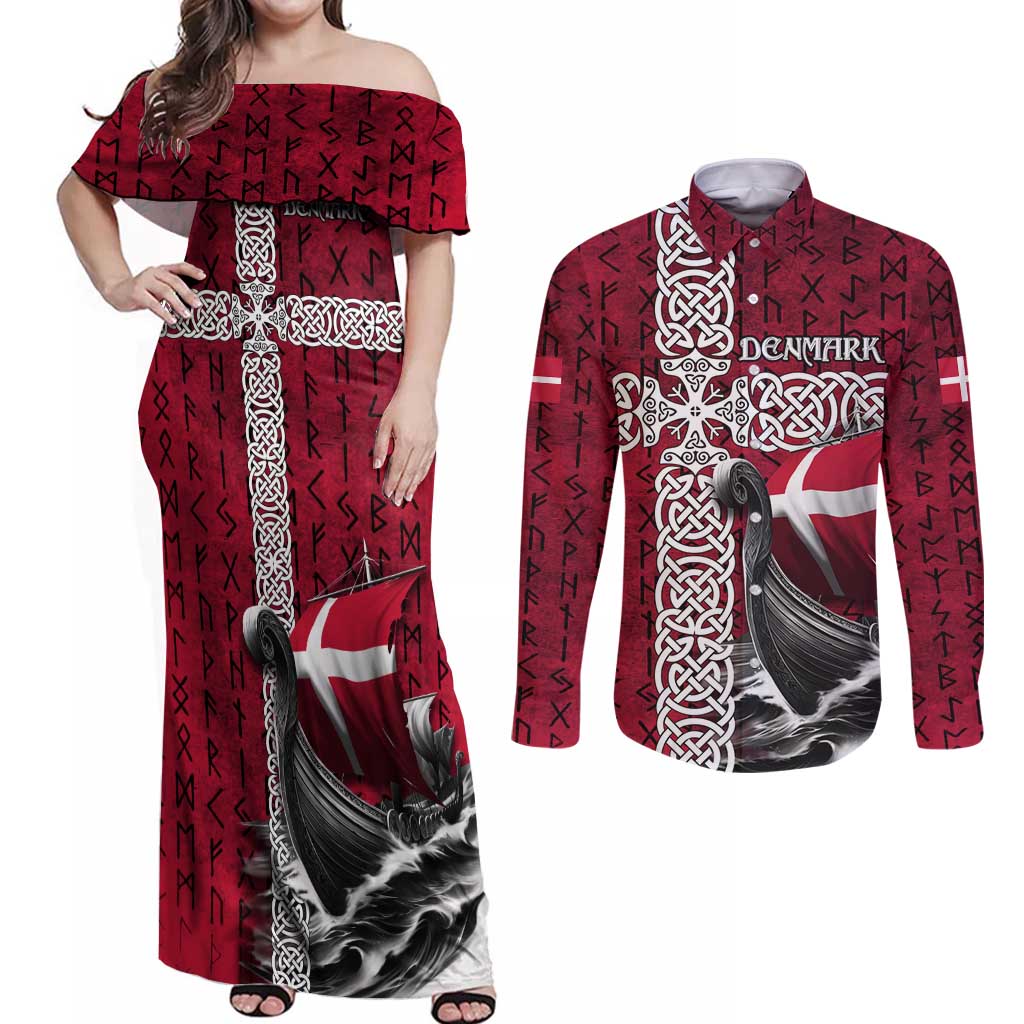 Denmark Viking Longship Couples Matching Off Shoulder Maxi Dress and Long Sleeve Button Shirt Norse Rune & Celtic Cross Danish Flag