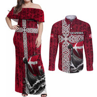Denmark Viking Longship Couples Matching Off Shoulder Maxi Dress and Long Sleeve Button Shirt Norse Rune & Celtic Cross Danish Flag