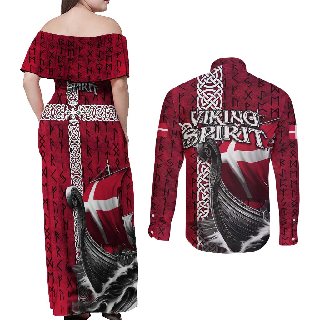 Denmark Viking Longship Couples Matching Off Shoulder Maxi Dress and Long Sleeve Button Shirt Norse Rune & Celtic Cross Danish Flag