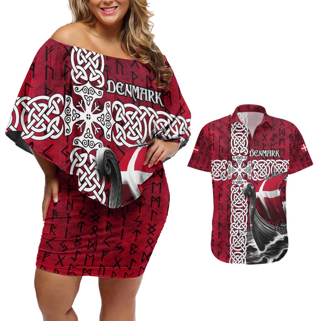 Denmark Viking Longship Couples Matching Off Shoulder Short Dress and Hawaiian Shirt Norse Rune & Celtic Cross Danish Flag