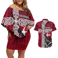 Denmark Viking Longship Couples Matching Off Shoulder Short Dress and Hawaiian Shirt Norse Rune & Celtic Cross Danish Flag