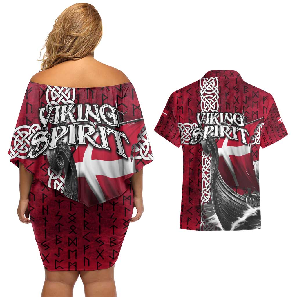 Denmark Viking Longship Couples Matching Off Shoulder Short Dress and Hawaiian Shirt Norse Rune & Celtic Cross Danish Flag
