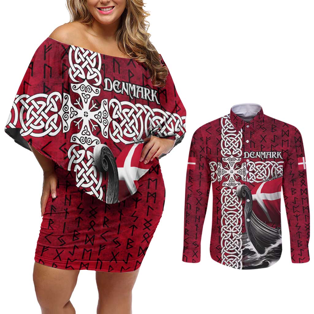 Denmark Viking Longship Couples Matching Off Shoulder Short Dress and Long Sleeve Button Shirt Norse Rune & Celtic Cross Danish Flag