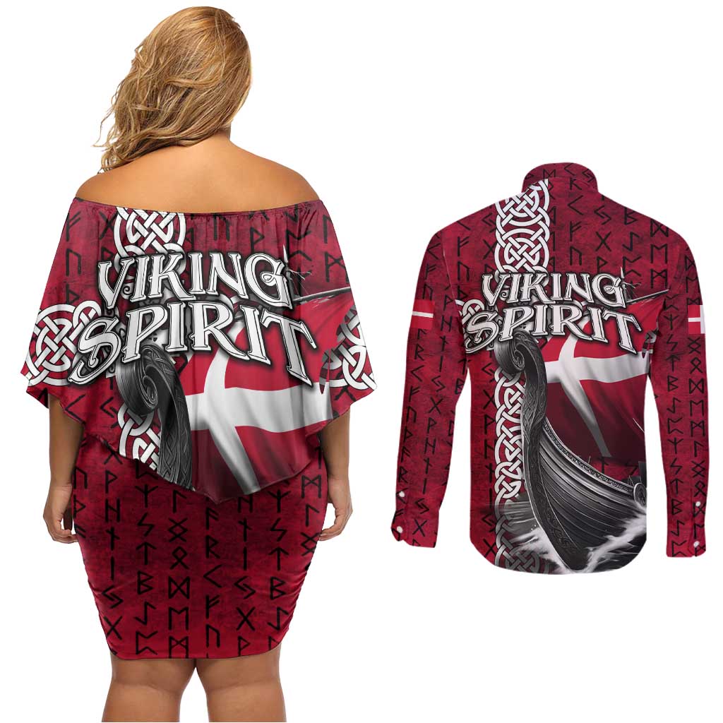 Denmark Viking Longship Couples Matching Off Shoulder Short Dress and Long Sleeve Button Shirt Norse Rune & Celtic Cross Danish Flag