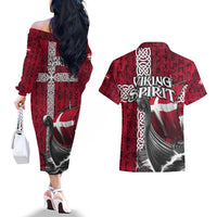 Denmark Viking Longship Couples Matching Off The Shoulder Long Sleeve Dress and Hawaiian Shirt Norse Rune & Celtic Cross Danish Flag