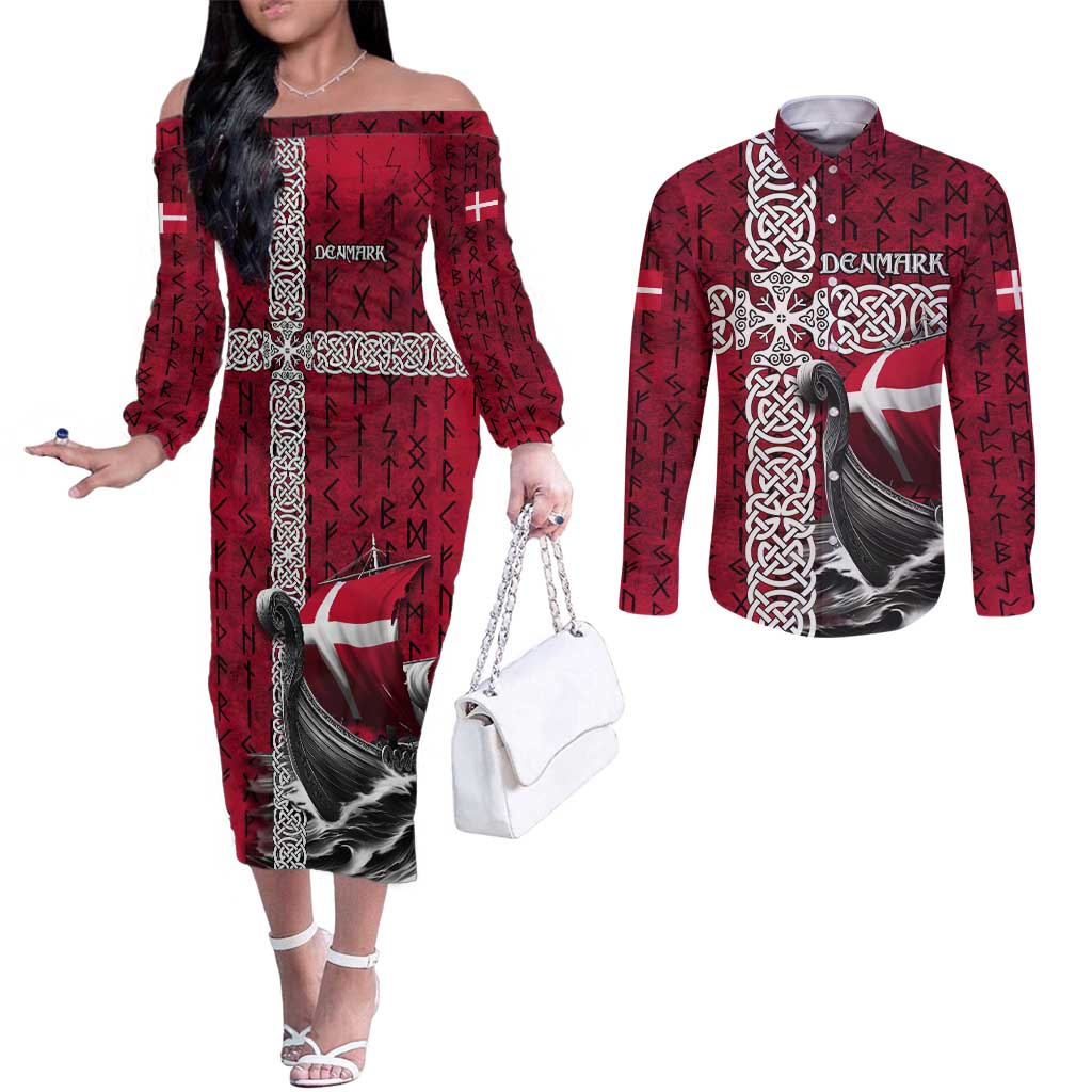 Denmark Viking Longship Couples Matching Off The Shoulder Long Sleeve Dress and Long Sleeve Button Shirt Norse Rune & Celtic Cross Danish Flag