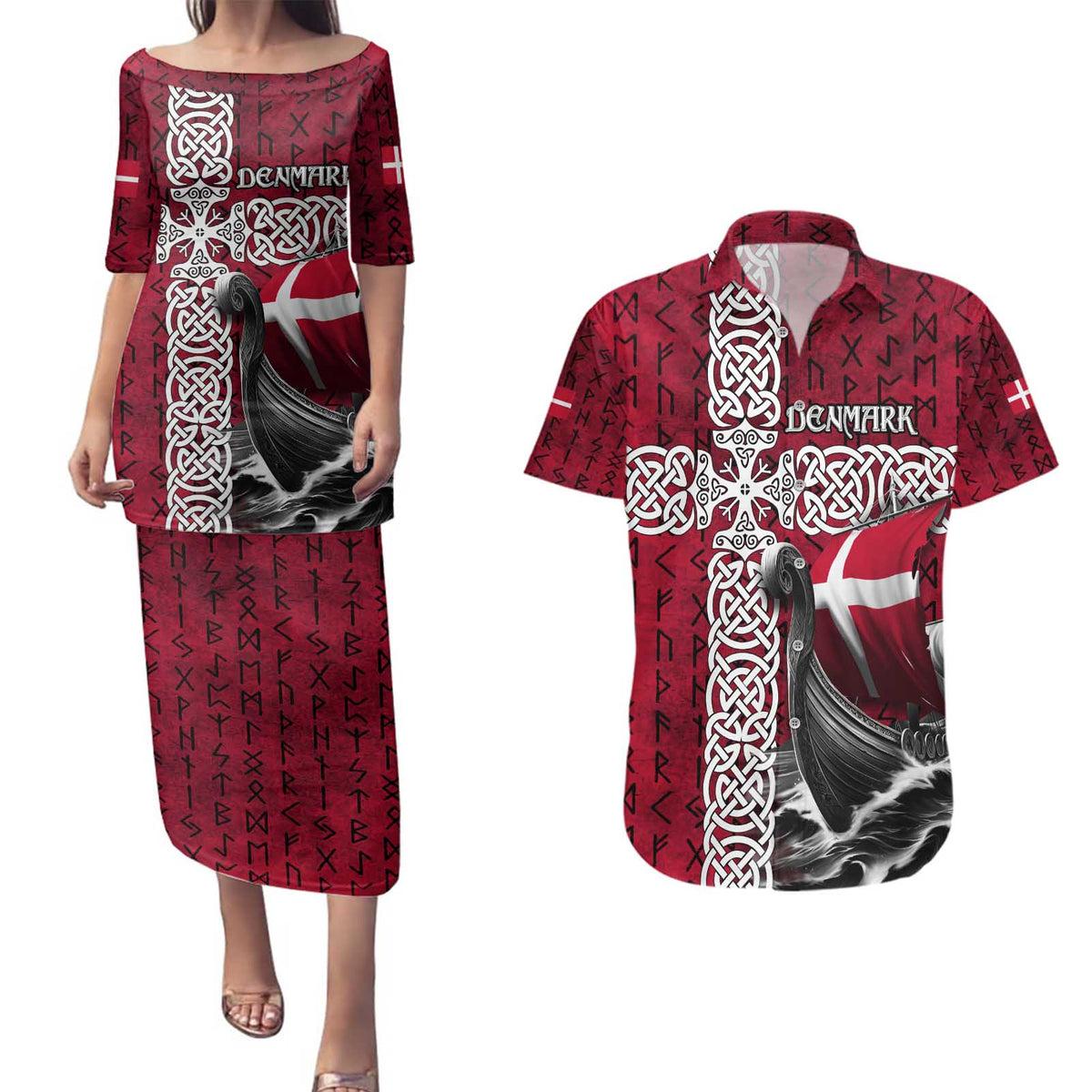 Denmark Viking Longship Couples Matching Puletasi and Hawaiian Shirt Norse Rune & Celtic Cross Danish Flag