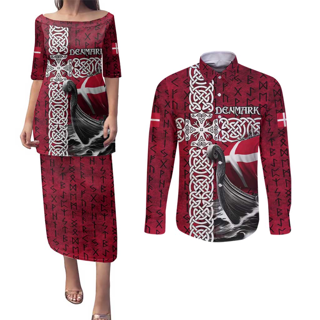 Denmark Viking Longship Couples Matching Puletasi and Long Sleeve Button Shirt Norse Rune & Celtic Cross Danish Flag