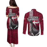 Denmark Viking Longship Couples Matching Puletasi and Long Sleeve Button Shirt Norse Rune & Celtic Cross Danish Flag