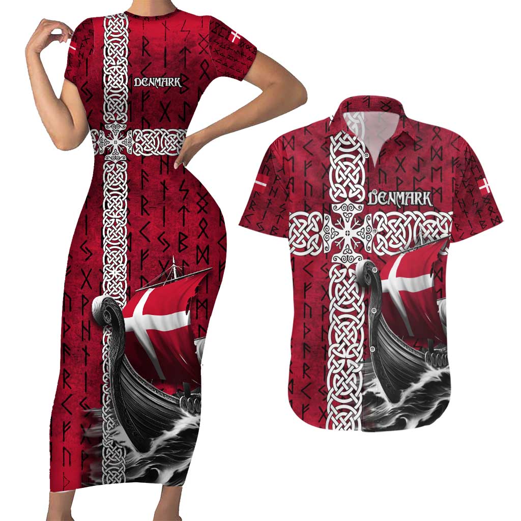 Denmark Viking Longship Couples Matching Short Sleeve Bodycon Dress and Hawaiian Shirt Norse Rune & Celtic Cross Danish Flag