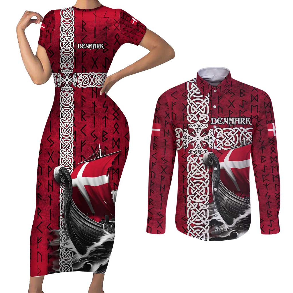 Denmark Viking Longship Couples Matching Short Sleeve Bodycon Dress and Long Sleeve Button Shirt Norse Rune & Celtic Cross Danish Flag