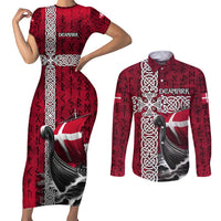 Denmark Viking Longship Couples Matching Short Sleeve Bodycon Dress and Long Sleeve Button Shirt Norse Rune & Celtic Cross Danish Flag