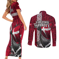 Denmark Viking Longship Couples Matching Short Sleeve Bodycon Dress and Long Sleeve Button Shirt Norse Rune & Celtic Cross Danish Flag