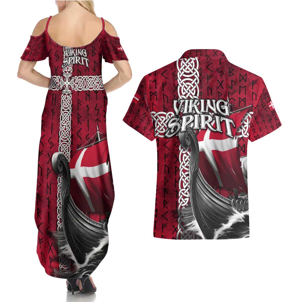 Denmark Viking Longship Couples Matching Summer Maxi Dress and Hawaiian Shirt Norse Rune & Celtic Cross Danish Flag