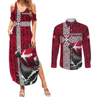 Denmark Viking Longship Couples Matching Summer Maxi Dress and Long Sleeve Button Shirt Norse Rune & Celtic Cross Danish Flag