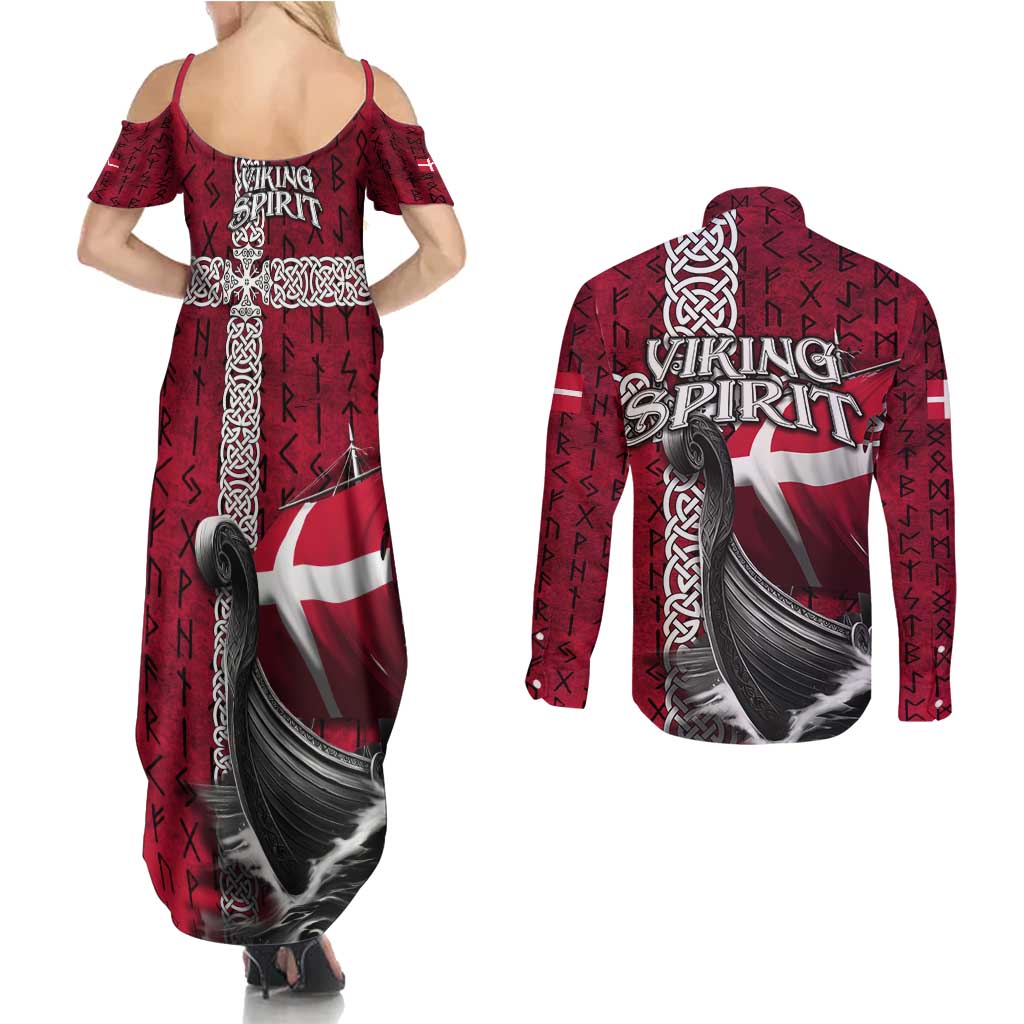 Denmark Viking Longship Couples Matching Summer Maxi Dress and Long Sleeve Button Shirt Norse Rune & Celtic Cross Danish Flag