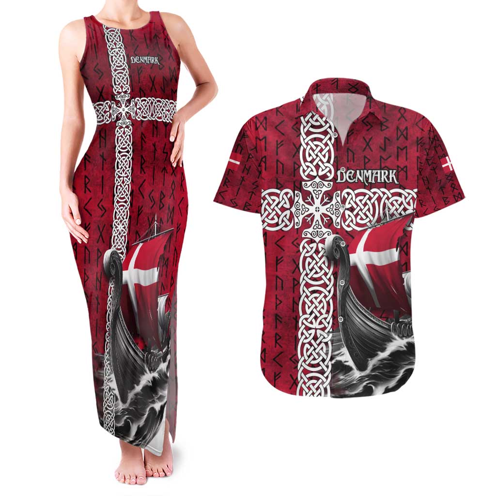 Denmark Viking Longship Couples Matching Tank Maxi Dress and Hawaiian Shirt Norse Rune & Celtic Cross Danish Flag