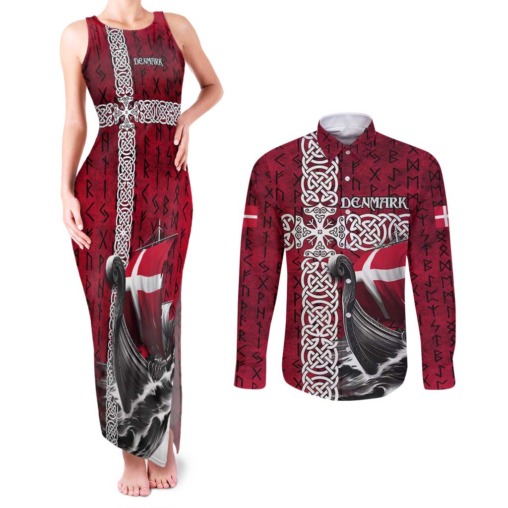 Denmark Viking Longship Couples Matching Tank Maxi Dress and Long Sleeve Button Shirt Norse Rune & Celtic Cross Danish Flag