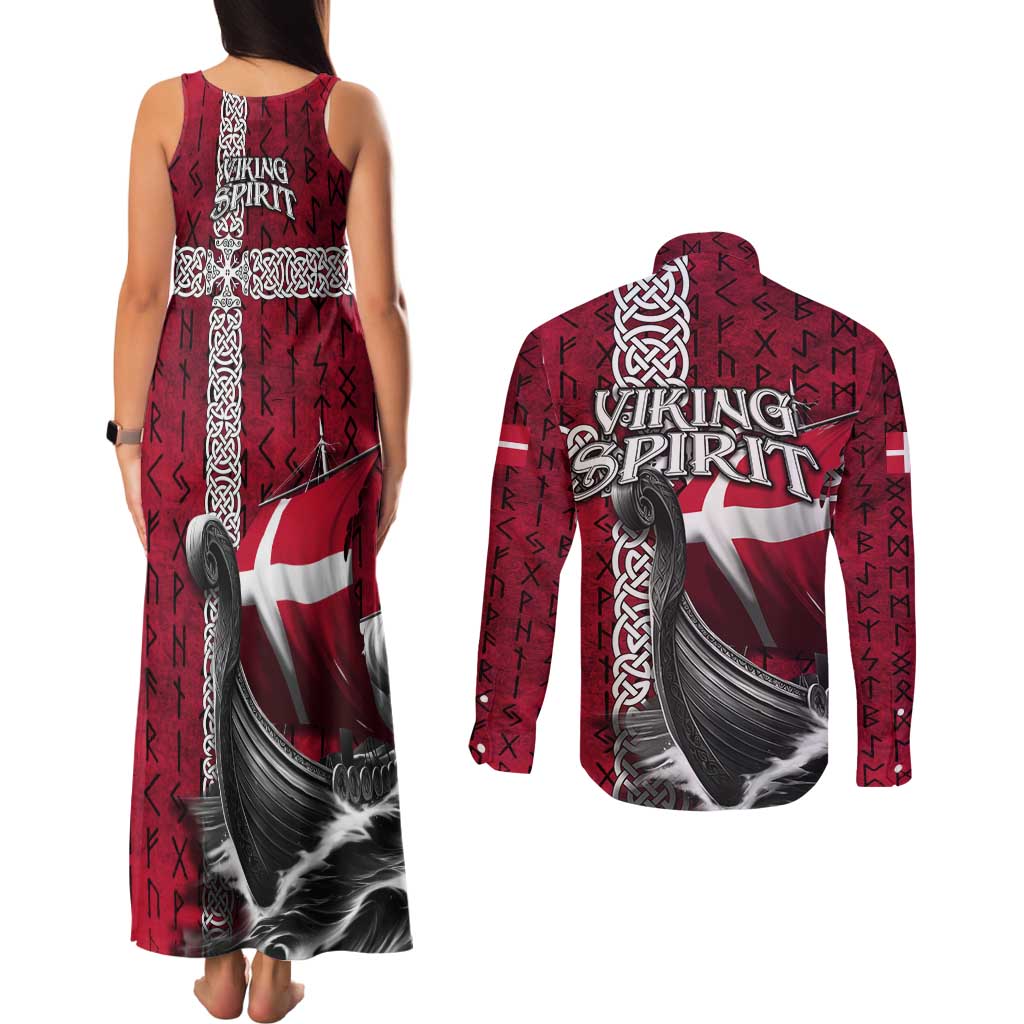 Denmark Viking Longship Couples Matching Tank Maxi Dress and Long Sleeve Button Shirt Norse Rune & Celtic Cross Danish Flag