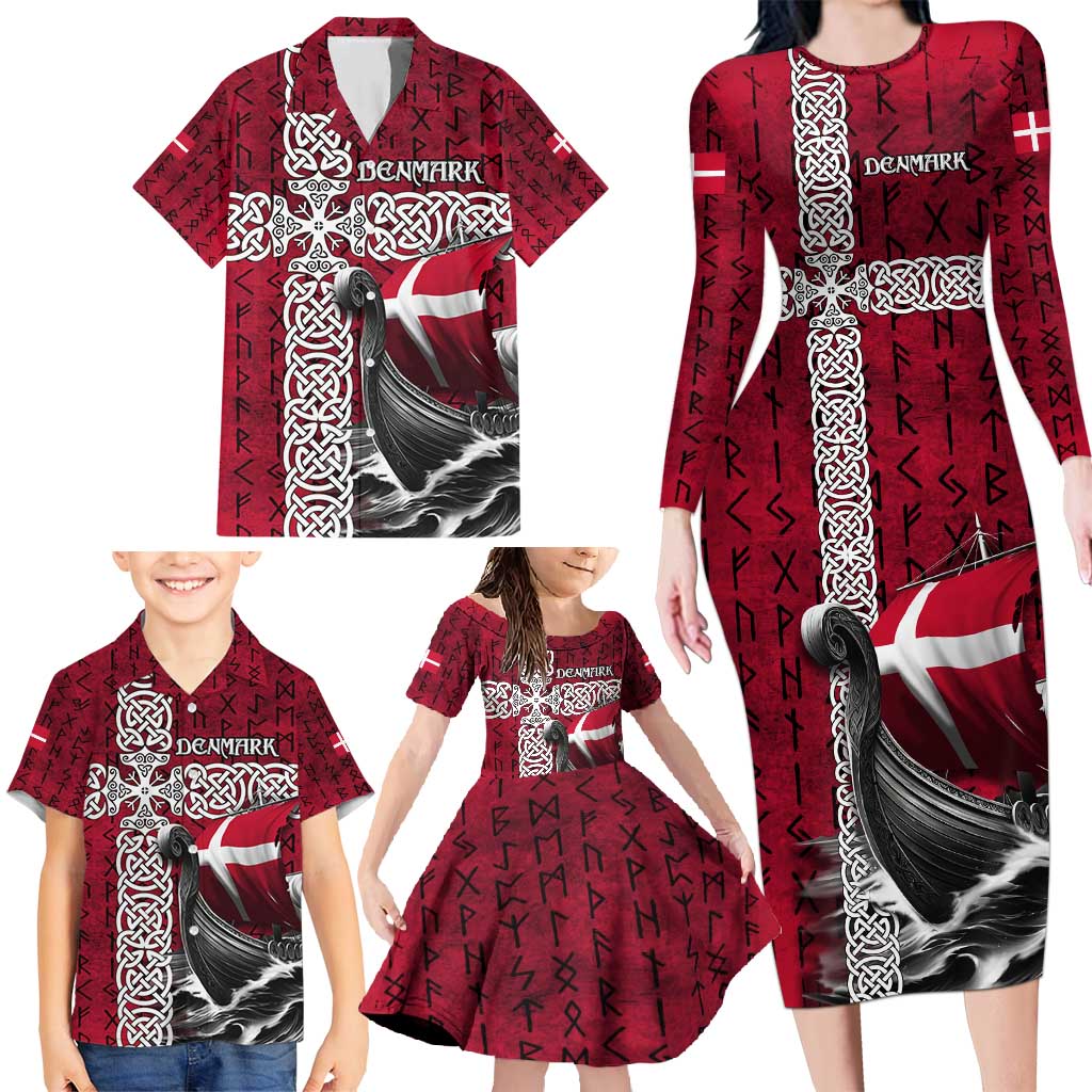 Denmark Viking Longship Family Matching Long Sleeve Bodycon Dress and Hawaiian Shirt Norse Rune & Celtic Cross Danish Flag
