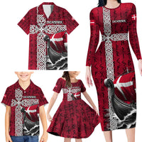 Denmark Viking Longship Family Matching Long Sleeve Bodycon Dress and Hawaiian Shirt Norse Rune & Celtic Cross Danish Flag