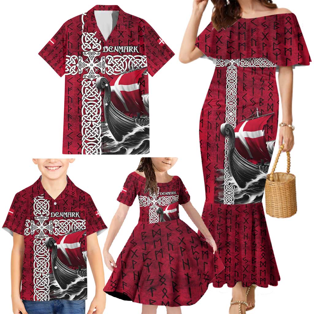 Denmark Viking Longship Family Matching Mermaid Dress and Hawaiian Shirt Norse Rune & Celtic Cross Danish Flag