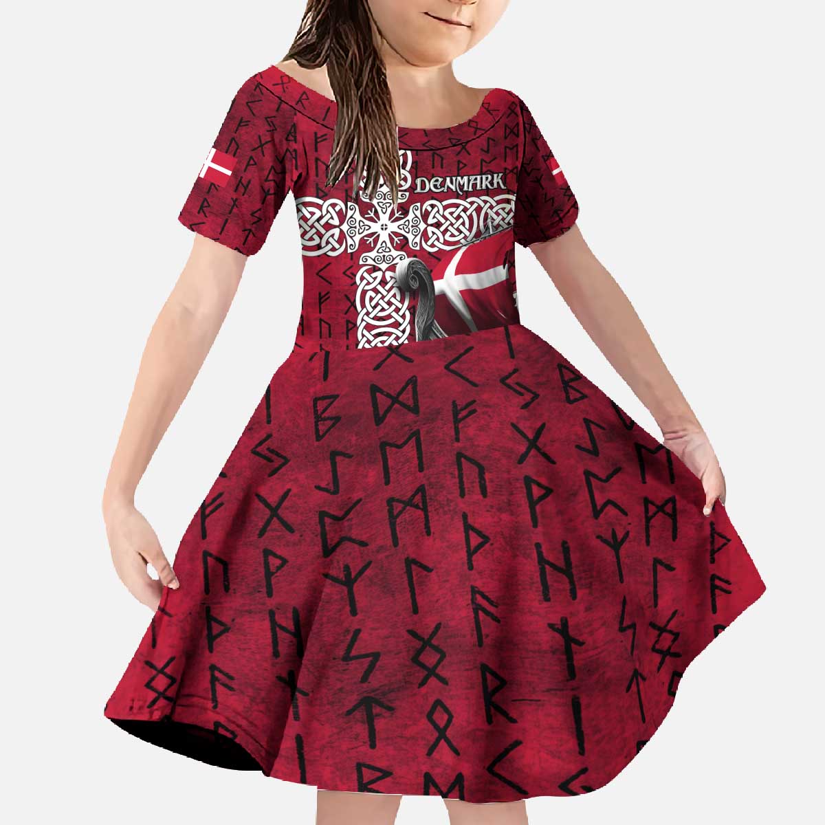 Denmark Viking Longship Family Matching Off The Shoulder Long Sleeve Dress and Hawaiian Shirt Norse Rune & Celtic Cross Danish Flag