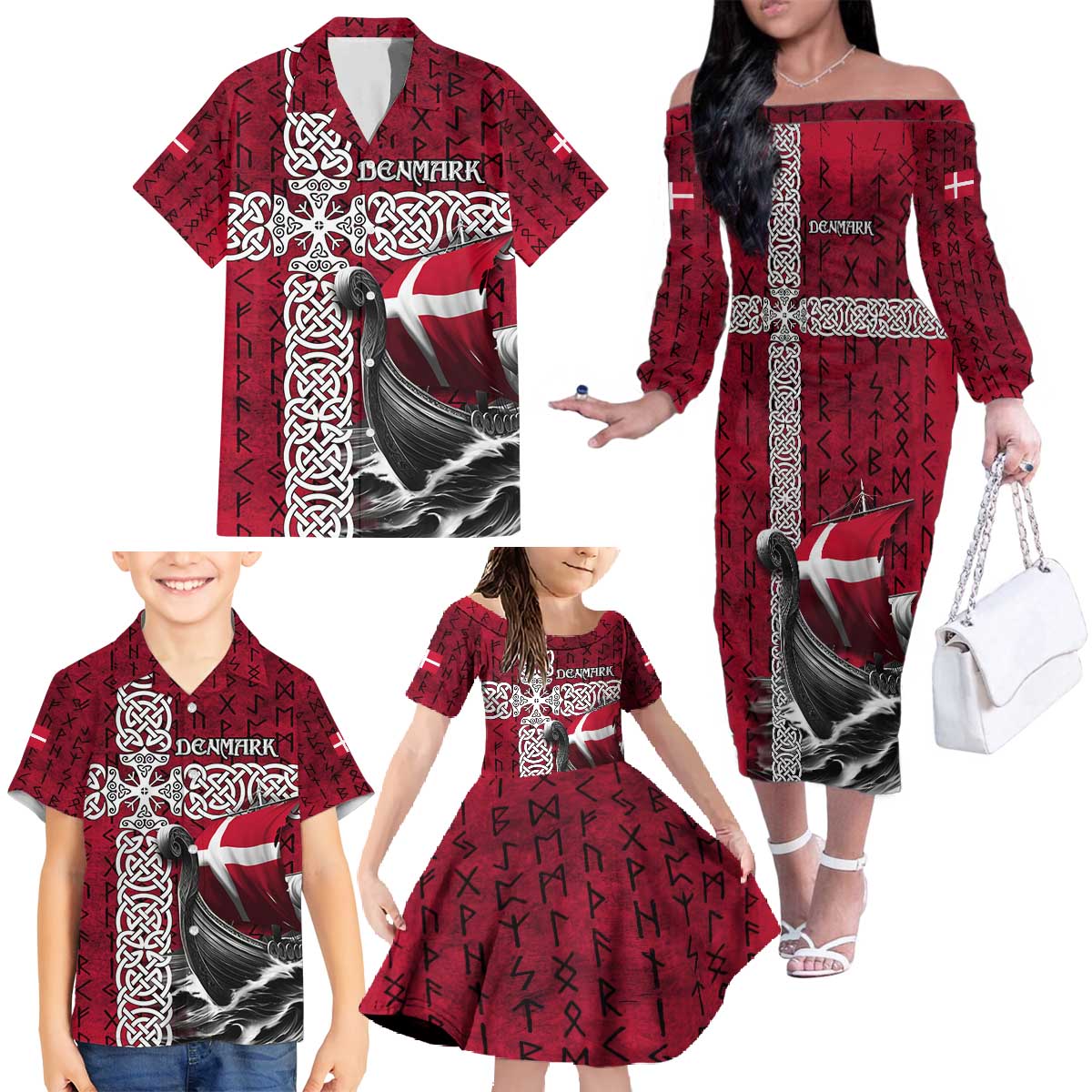 Denmark Viking Longship Family Matching Off The Shoulder Long Sleeve Dress and Hawaiian Shirt Norse Rune & Celtic Cross Danish Flag