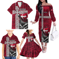 Denmark Viking Longship Family Matching Off The Shoulder Long Sleeve Dress and Hawaiian Shirt Norse Rune & Celtic Cross Danish Flag