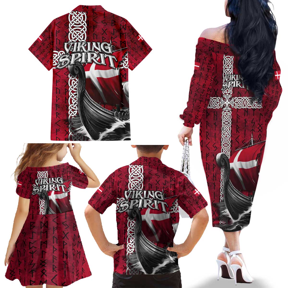 Denmark Viking Longship Family Matching Off The Shoulder Long Sleeve Dress and Hawaiian Shirt Norse Rune & Celtic Cross Danish Flag