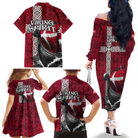 Denmark Viking Longship Family Matching Off The Shoulder Long Sleeve Dress and Hawaiian Shirt Norse Rune & Celtic Cross Danish Flag
