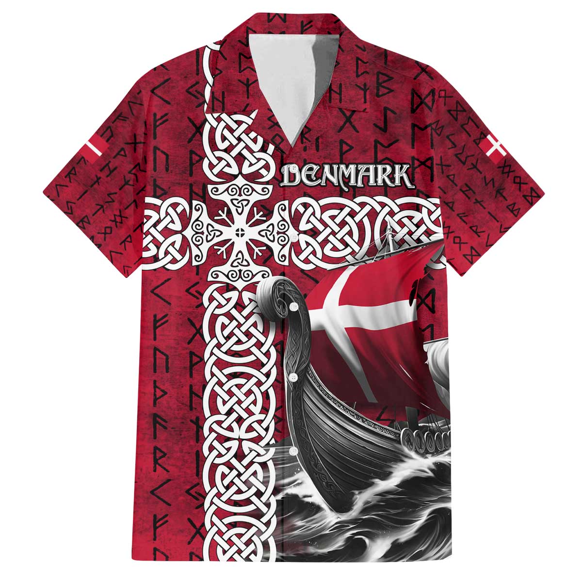 Denmark Viking Longship Family Matching Off The Shoulder Long Sleeve Dress and Hawaiian Shirt Norse Rune & Celtic Cross Danish Flag
