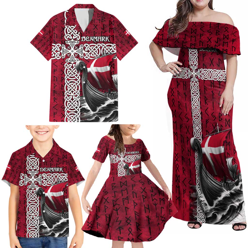 Denmark Viking Longship Family Matching Off Shoulder Maxi Dress and Hawaiian Shirt Norse Rune & Celtic Cross Danish Flag