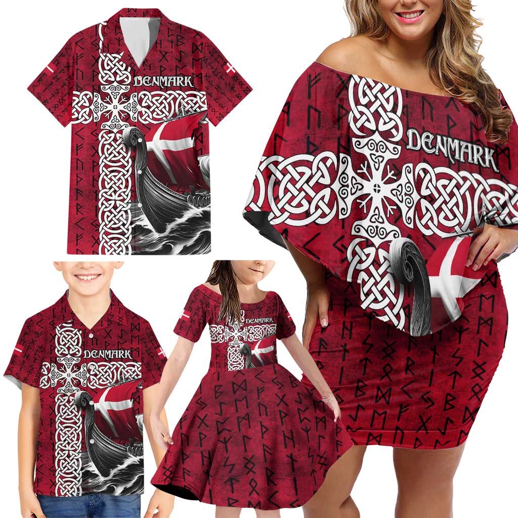 Denmark Viking Longship Family Matching Off Shoulder Short Dress and Hawaiian Shirt Norse Rune & Celtic Cross Danish Flag