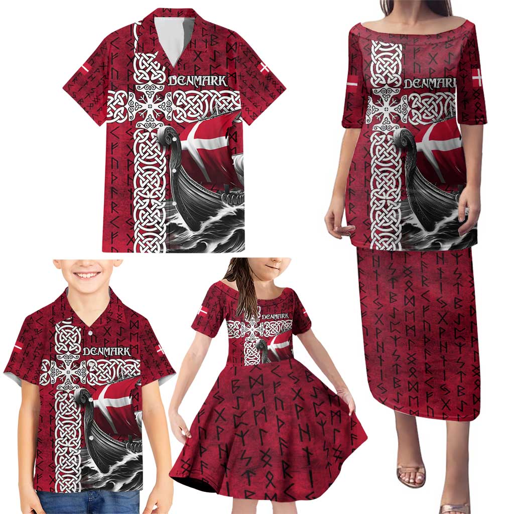 Denmark Viking Longship Family Matching Puletasi and Hawaiian Shirt Norse Rune & Celtic Cross Danish Flag