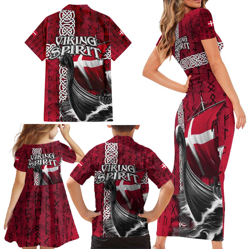 Denmark Viking Longship Family Matching Short Sleeve Bodycon Dress and Hawaiian Shirt Norse Rune & Celtic Cross Danish Flag