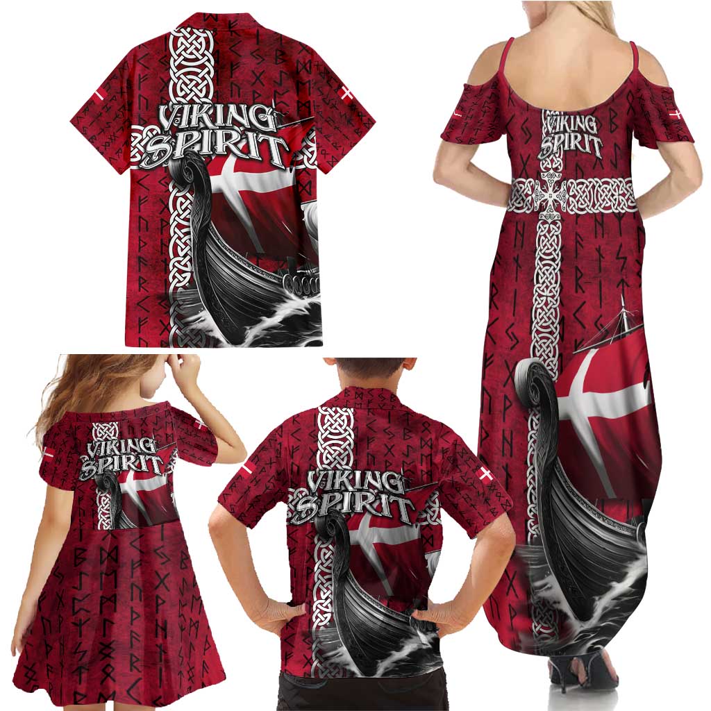 Denmark Viking Longship Family Matching Summer Maxi Dress and Hawaiian Shirt Norse Rune & Celtic Cross Danish Flag