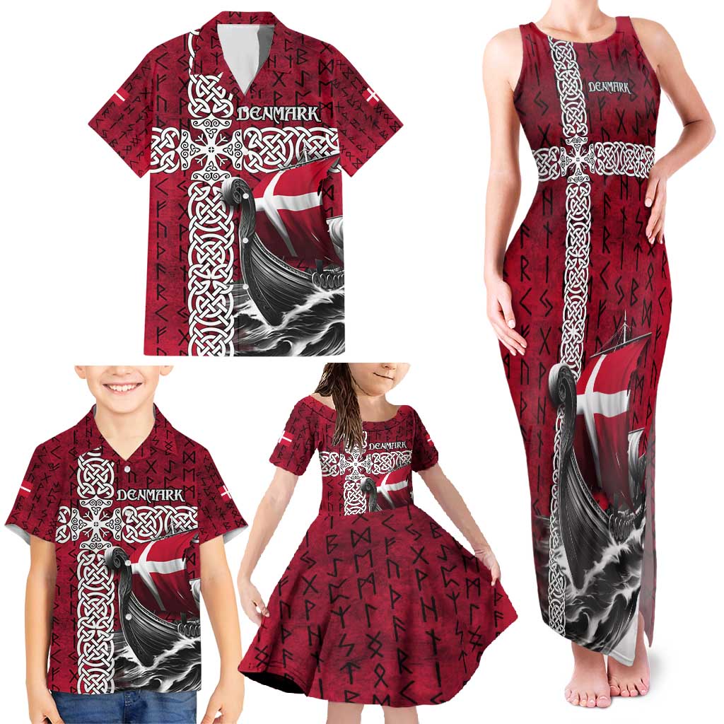 Denmark Viking Longship Family Matching Tank Maxi Dress and Hawaiian Shirt Norse Rune & Celtic Cross Danish Flag