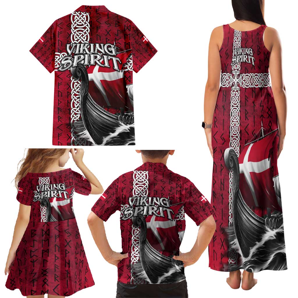 Denmark Viking Longship Family Matching Tank Maxi Dress and Hawaiian Shirt Norse Rune & Celtic Cross Danish Flag