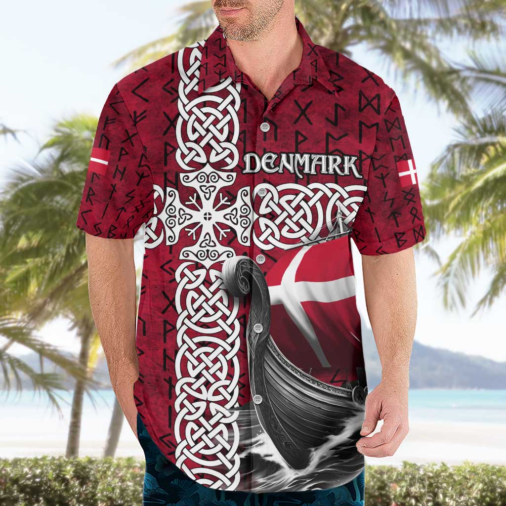 Denmark Viking Longship Hawaiian Shirt Norse Rune & Celtic Cross Danish Flag