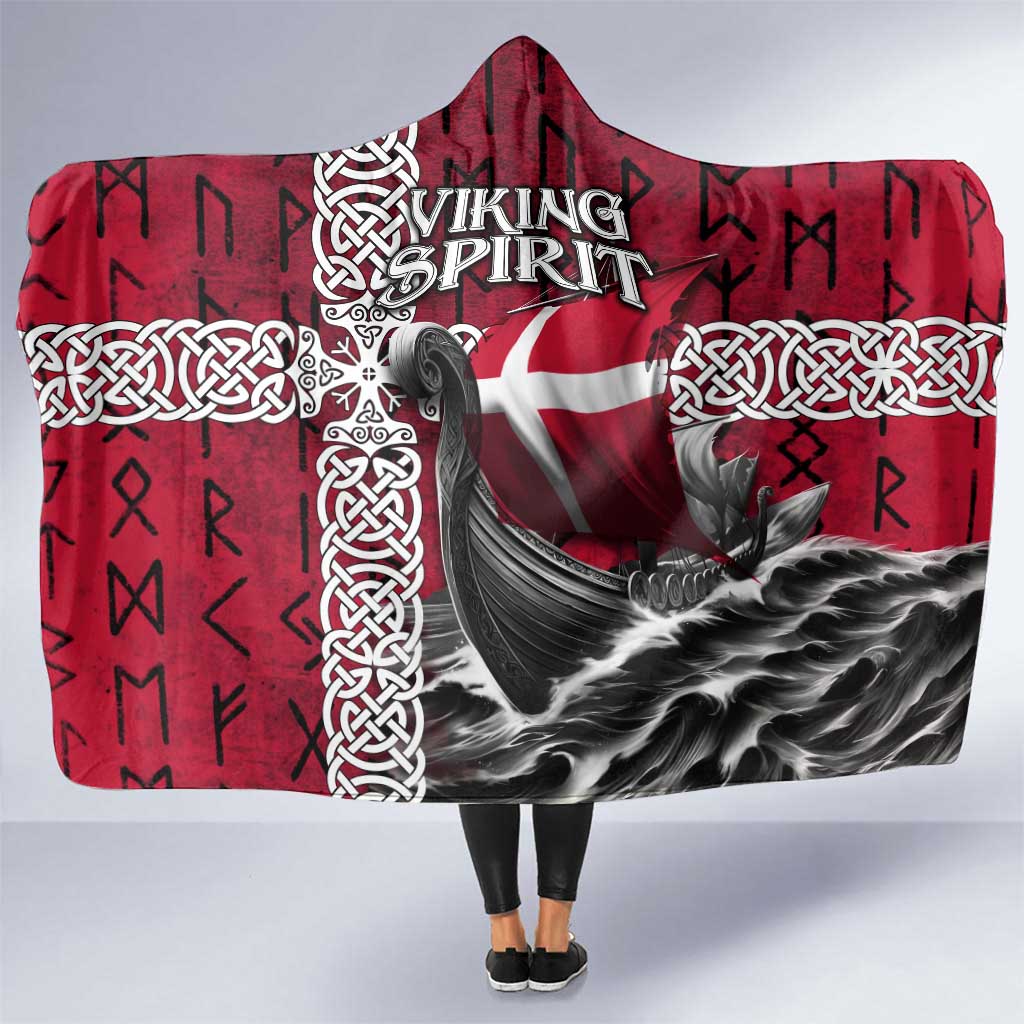 Denmark Viking Longship Hooded Blanket Norse Rune & Celtic Cross Danish Flag