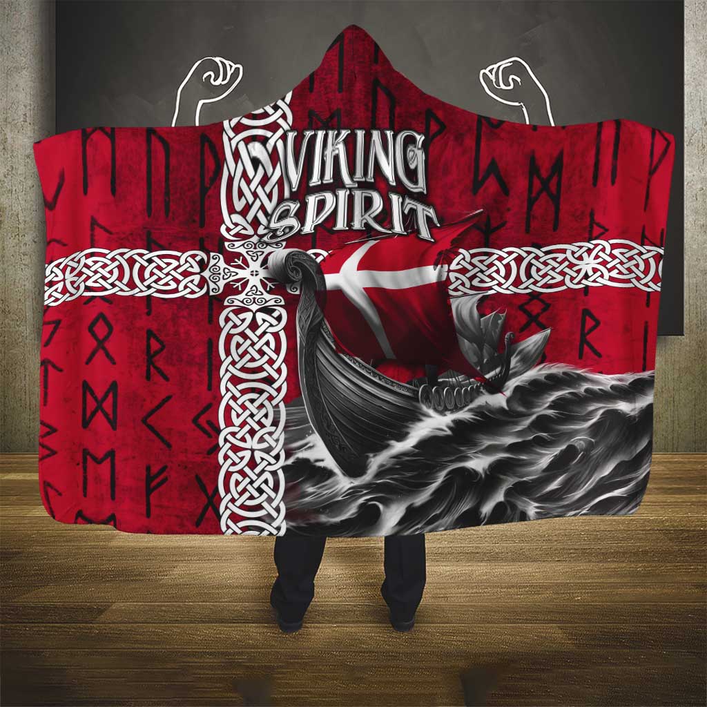Denmark Viking Longship Hooded Blanket Norse Rune & Celtic Cross Danish Flag