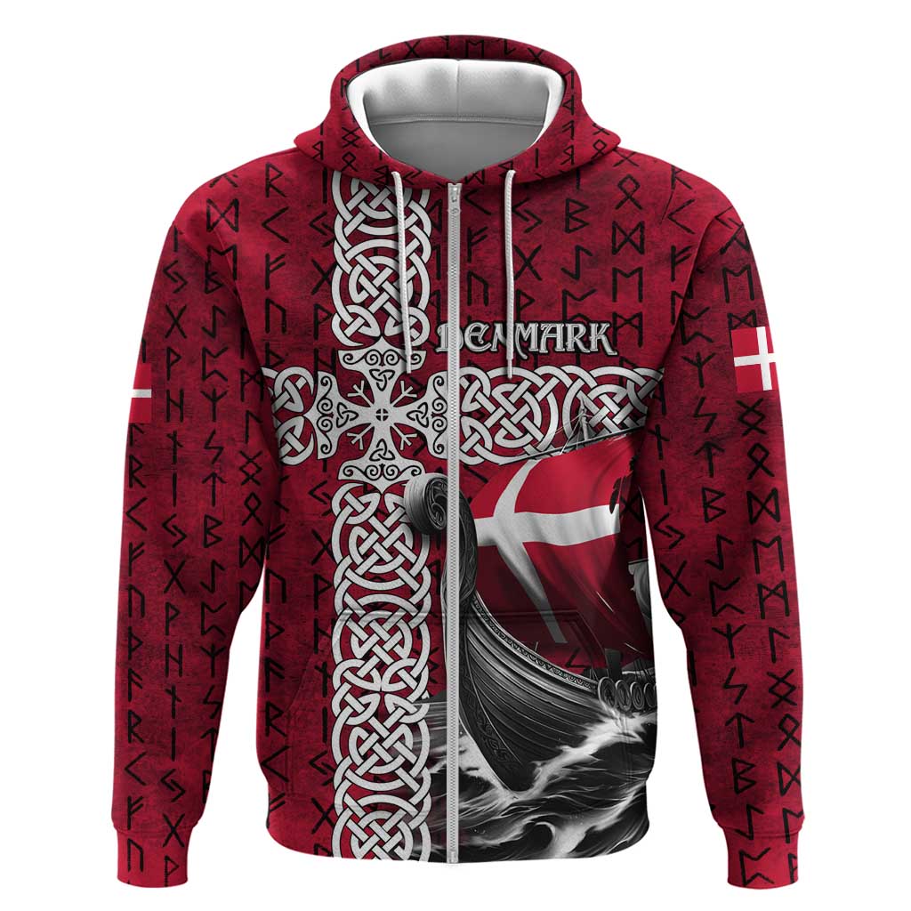 Denmark Viking Longship Hoodie Norse Rune & Celtic Cross Danish Flag