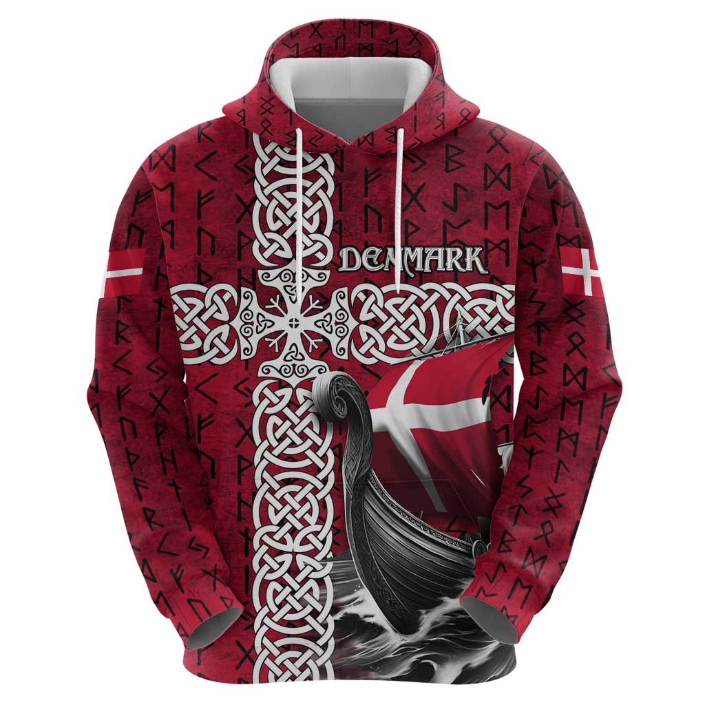 Denmark Viking Longship Hoodie Norse Rune & Celtic Cross Danish Flag
